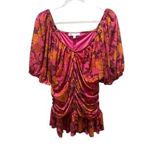 Dr2 Daniel Rainn puff sleeve ruched mesh peplum top Sz L Boho Milkmaid babydoll